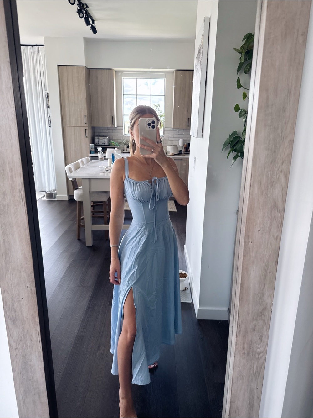 Light Blue Tie-Front Milkmaid Midi Dress (Size Small)